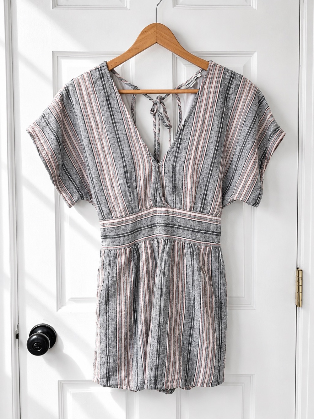 American Eagle Striped Linen Blend Romper V-Neck Open Back M
